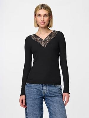 Dames shirt Kant lange mouw - Siri - Zwart Viscose dames ondershirt lange mouw - thumbnail