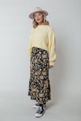 Colourful Rebel midi rok Rive met paisleyprint en volant zwart/ geel