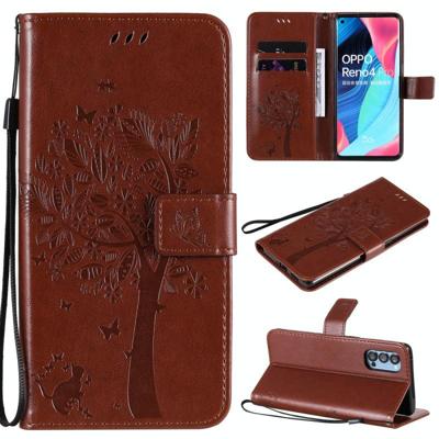 Voor Oppo Reno4 Pro 5G Tree & Cat Reliëf Patroon Horizontale Flip Lederen Kast met Holder & Card Slots & Wallet & Lanyard(Koffie)
