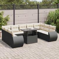 10-delige Loungeset met kussens poly rattan zwart - thumbnail
