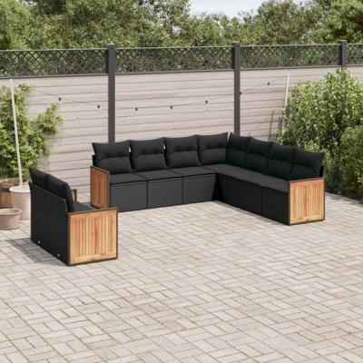 9-delige Loungeset met kussens poly rattan zwart