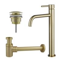 Fortifura Calvi Slim Wastafelkraanset - verhoogde wastafelkraan - klikwaste plug - verlaagde design sifon - Geborsteld Messing PVD (Goud) SW720546/SW696202/SW696218 - thumbnail