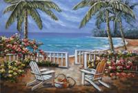 Schilderij - Metaalschilderij -Het Paradijs, Strand, Palmbomen en Zee, 3D, 120x80cm - thumbnail