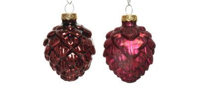 Decoris Kerstballen glas dennenappel 6st ossenbloed 5x7cm