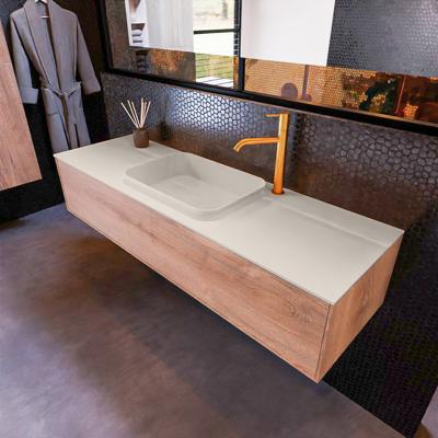 Badkamermeubelset Mondiaz Erin 150 cm met 1 Lade met RIDGE Wastafel Midden Linen met 1 kraangat Greeploos Mat Washed Oak