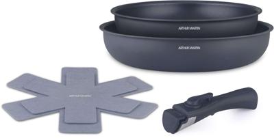 Set van 2 koekenpannen - Geschikt voor alle kookplaten inclusief inductie - ARTHUR MARTIN - AM2977 - Antiaanbaklaag - Ø 24-28 cm + Afneembare handgreep - Matgrijs