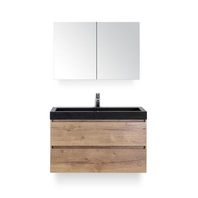 Maxx XL Badmeubelset 100 cm - Natuur Eiken - Wastafel Lucca 1 kraangat - met Spiegelkast