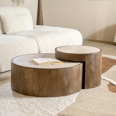 Eleonora Ronde Salontafel 'Hazel' Mangohout en marmer, Set van 2 stuks Eleonora Ronde Salontafel 'Hazel' Mangohout en marmer, Set van 2 stuks