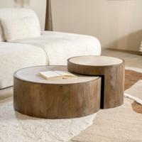 Eleonora Ronde Salontafel 'Hazel' Mangohout en marmer, Set van 2 stuks - thumbnail