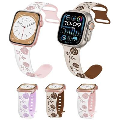 Siliconen bandje met rozen - Sterrenlicht / bruin - Geschikt voor Apple Watch 44mm / 45mm / 46mm / 49mm