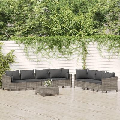 8-delige Loungeset met kussens poly rattan grijs
