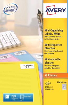 Avery L7656-100 mini etiketten ft 46 x 11,1 mm (b x h), wit, doos 8400 stuks Avery L7656-100 mini etiketten ft 46 x 11,1 mm (b x h), wit, doos 8400 stuks