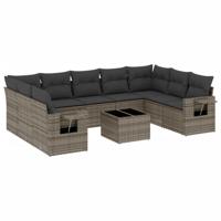 10-delige Loungeset met kussens poly rattan grijs - thumbnail
