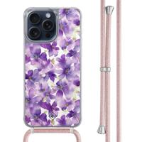 iPhone 15 Pro Max hoesje met rosegoud koord - Floral violet - thumbnail
