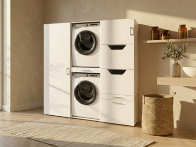 Kast WASHING 2 machines boven elkaar met 2 kasten LARGE wit