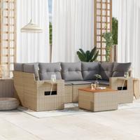 7-delige Loungeset met kussens poly rattan gemengd beige - thumbnail