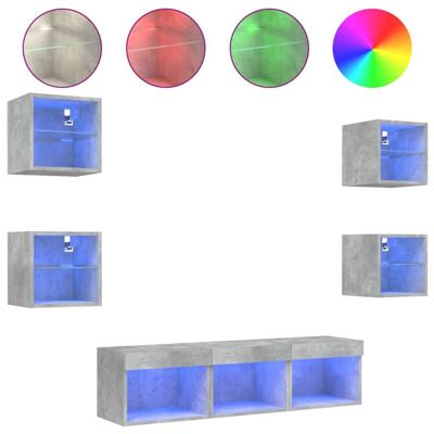 7-delige Tv-wandmeubelset met LED bewerkt hout betongrijs