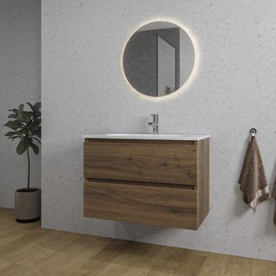 Saniclass Chaci Badkamermeubelset - 80x46x55cm - keramische wastafel wit - 1 ovale wasbak - 1 kraangat - 2 lades - ronde spiegel met verlichting - noten (hout) SW1212764/SW718717/SW108328