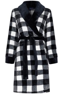 Damesbadjas ruit zwart wit - fleece-(52-54) XXL