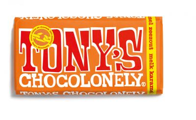 Chocolade Tony&apos;s Chocolonely melk karamel zeezout reep 180gr