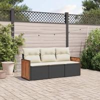 3-delige Loungeset met kussens poly rattan zwart - thumbnail