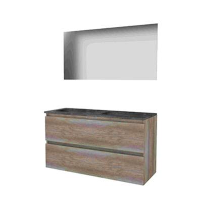 Basic-Line Ultimate 46 Badkamermeubelset - 120 x 46 cm - Greeploos - 2 Lades - Hardstenen Wastafel - Zonder Kraangat - Spiegel met Indirecte LED Verlichting - Scotch Oak
