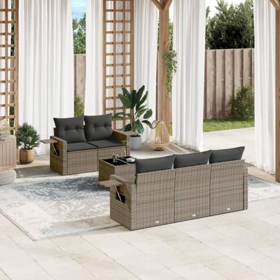 6-delige Loungeset met kussens poly rattan grijs