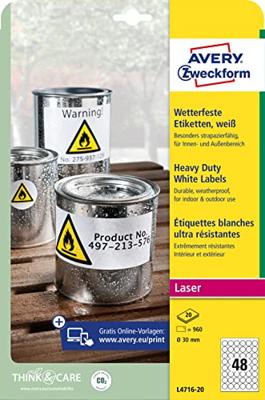 Avery-Zweckform L4716-20 Weerbestendige etiketten Ø 30 mm Polyester folie Wit 960 stuk(s) Permanent hechtend Laser (kleur), Laser (zwart/wit), Kopiëren