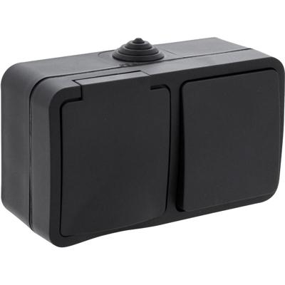 Q-LINK Wandcontactdoos Opbouw - 1-voudig Stopcontact & Wisselschakelaar - IP54 Spatwaterdicht - Mat Zwart