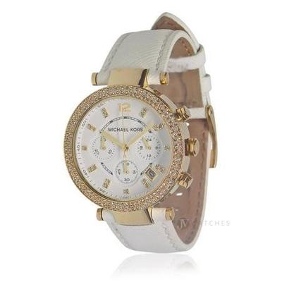 Michael Kors Parker chronograaf quartz witte wijzerplaat wit lederen dameshorloge MK2290