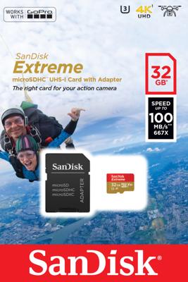 SanDisk Extreme® Action Cam microSDHC-kaart 32 GB Class 10, UHS-I, UHS-Class 3, v30 Video Speed Class Incl. SD-adapter, A1-vermogensstandaard