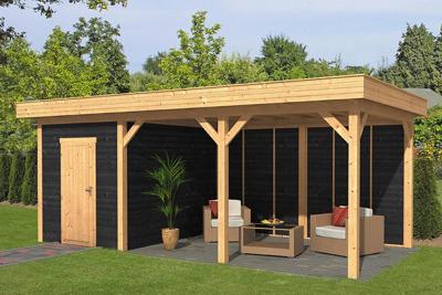Tuindeco Oslo L Overkapping type 7 690x380 cm Lariks/Douglashout blank en Zweeds rabat zwart- Plat dak- Onbehandeld lariks Douglas hout- Tuindeco