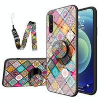 For Samsung Galaxy Note10 Painted Ethnic Pattern Tempered Glass TPU Shockproof Case with Folding Magnetic Holder & Neck Strap(Checkered) - thumbnail