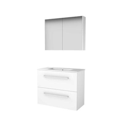 Basic-Line Comfort 39 Badkamermeubelset - Ondiep - 80 x 39 cm - Met Grepen - 2 Lades - Keramische Wastafel - 1 Kraangat - Spiegelkast - Ice White