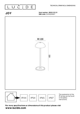Lucide JOY - Oplaadbare Tafellamp Binnen/Buiten - Accu/Batterij - Ø 12 cm - LED Dimb. - 1x1,5W 3000K - IP54 - Wit