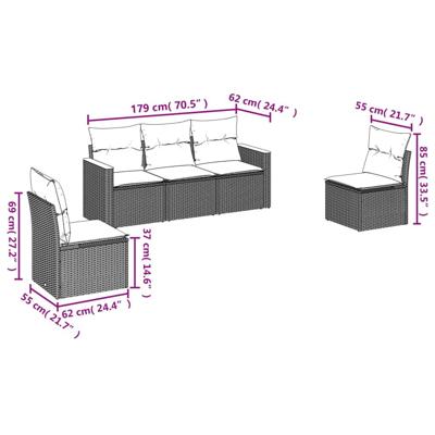 5-delige Loungeset met kussens poly rattan grijs - thumbnail