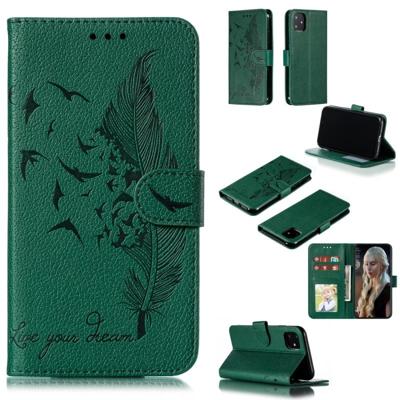 Feather patroon Litchi textuur horizontale Flip lederen draagtas met portemonnee & houder & kaartsleuven voor iPhone 11 (groen)
