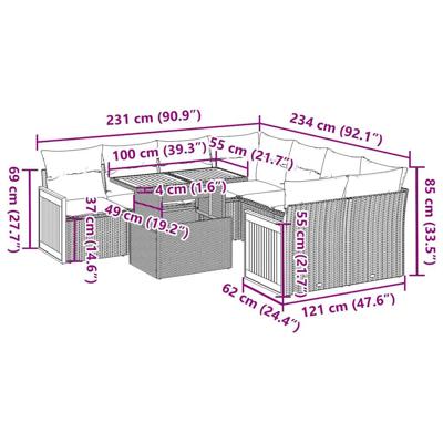 9-delige Loungeset met kussens poly rattan acacia zwart