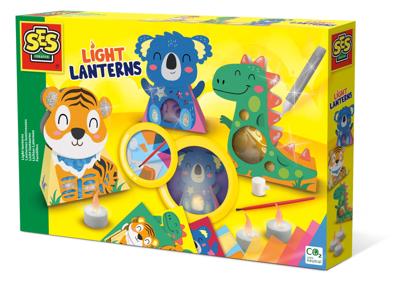 SES - licht lantaarns - zelf 3 lantaarns maken - met 3 led kaarsjes, 5 gekleurde cellofaan sheets, lijm en penseel