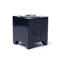 Zwarte Zeepsteen Wierookbrander met Levensboom Symbool - thumbnail