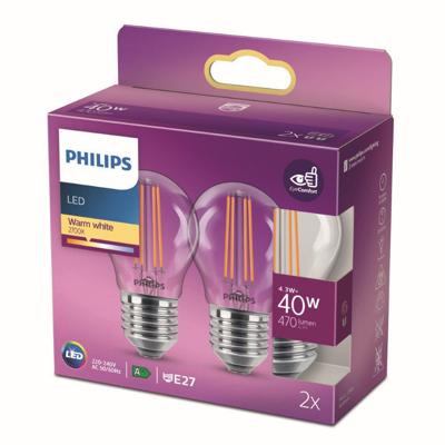 Philips Lichtbron kogel4,3W - E27 - 2700K - 470 lumen set van 2 transparant - 929004590455
