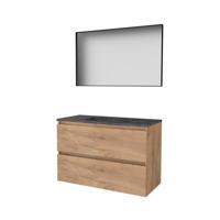 Basic-Line Framed 46 Badkamermeubelset - 100 x 46 cm - Greeploos - 2 Lades - Hardstenen Wastafel - Zonder Kraangat - Spiegel met Zwart Aluminium Frame - Whisky Oak - thumbnail