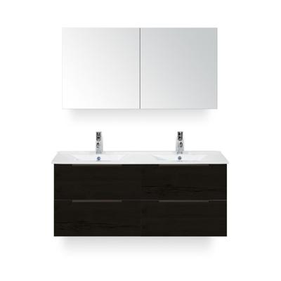 Seville Badmeubelset 120 cm - 4 laden Black Oak Edge - Wastafel Enjoy Dubbel - met Spiegelkast