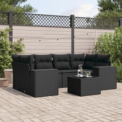 7-delige Loungeset met kussens poly rattan zwart