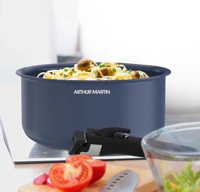 Set van 3 steelpannen - Geschikt voor alle kookplaten inclusief inductie - ARTHUR MARTIN - AM0320 - Keramiek - Ø 16-18-20 cm + afneembare handgreep - Blauw Set van 3 steelpannen - Geschikt voor alle kookplaten inclusief inductie - ARTHUR MARTIN - AM0320 - Keramiek - Ø 16-18-20 cm + afneembare handgreep - Blauw