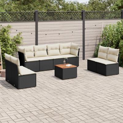 9-delige Loungeset met kussens poly rattan zwart