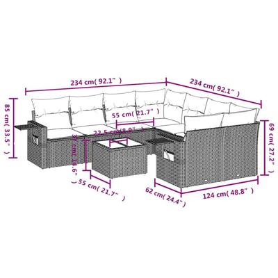 9-delige Loungeset met kussens poly rattan grijs - thumbnail