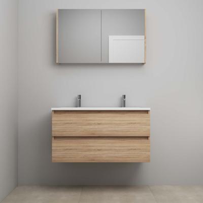 On-Line Badkamermeubelset - 100 cm - Voorgemonteerd - Acryl Wastafel - 2 Kraangaten - Spiegelkast - Eiken