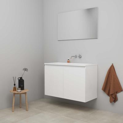 On-Line Badkamermeubelset - 100 cm - Voorgemonteerd - Greeploos 2 Deuren - Acryl Wastafel - zonder Kraangat - Spiegel - Hoogglans Wit