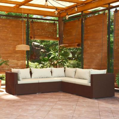 5-delige Loungeset met kussens poly rattan bruin